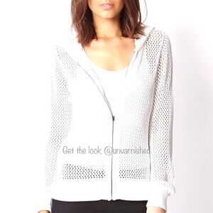 Ivory Perforated Knit Hoodie Jacket Cardigan Sweater